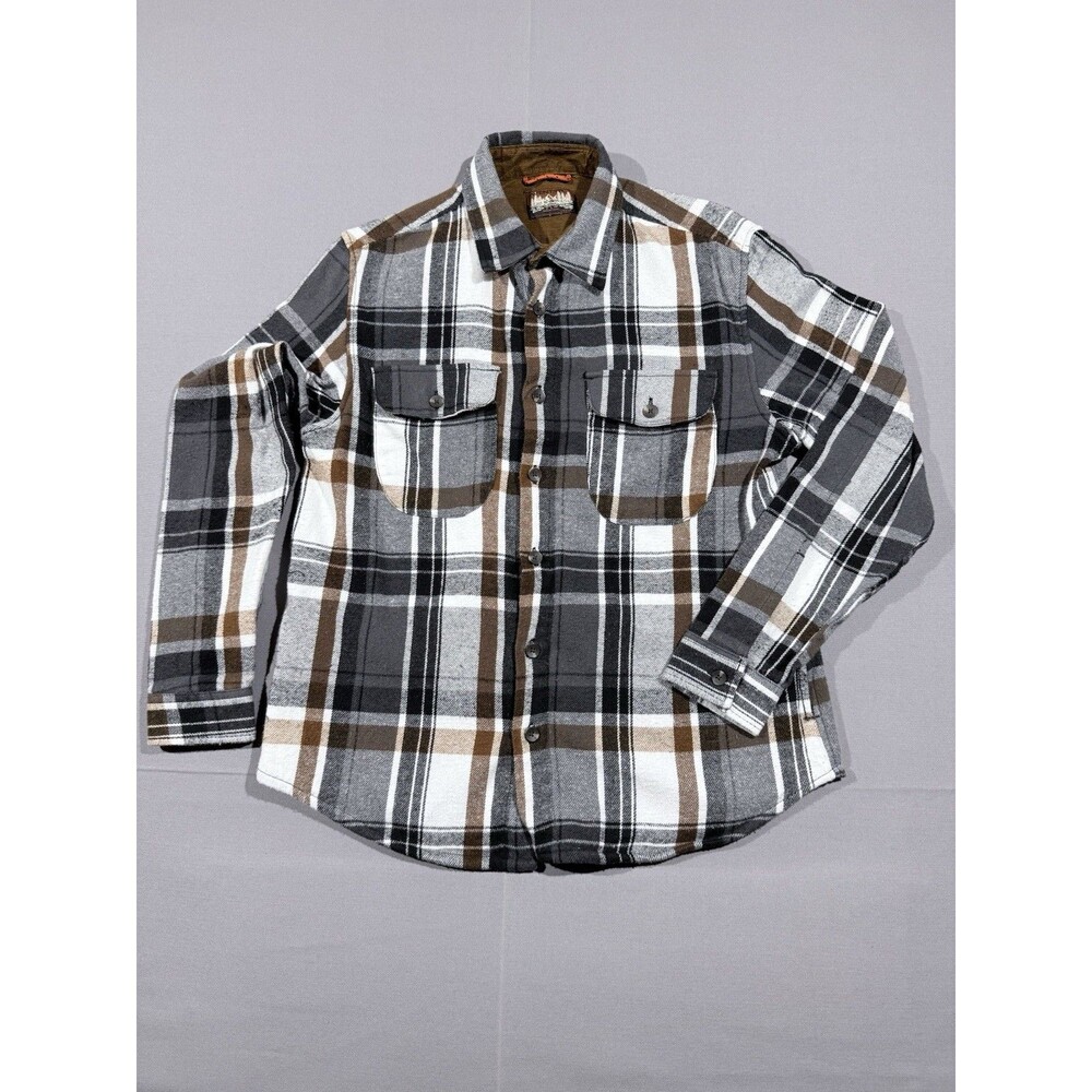 Aventyr Mountain Medium Flannel White/Gray/Rust Plaid Cotton Shirt Zipper Pocket